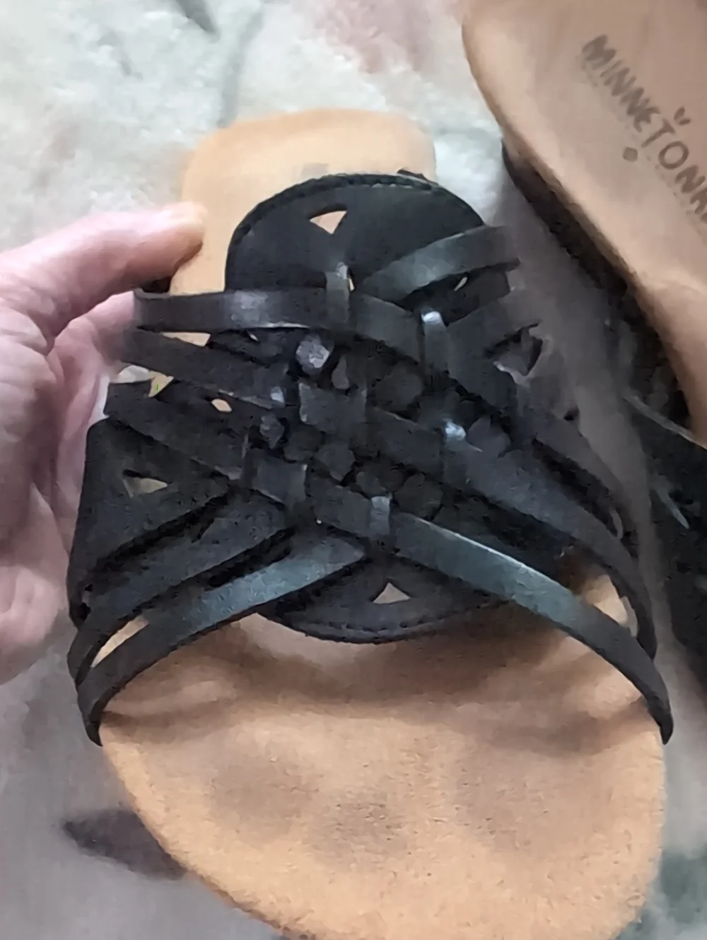 Minnetonka Black Woven Leather Wedges